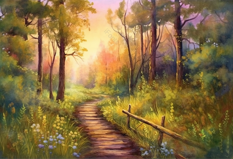夕阳下的树林森林中穿插着木头小路梦幻童话背景,插画/手绘图,插画/手绘图库,插画/手绘图下载,插画/手绘